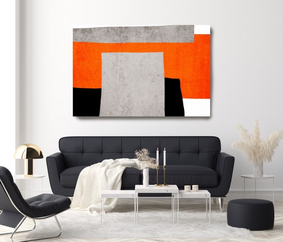 Modern Wall Art Canvas Art Print, Electric Geometric Art, Shape Colors Design 14-54-28, Boho decor, Orange Black Gray Scandinavian Art