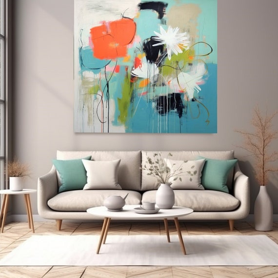 Abstract Floral Bliss Floral Collection 27, Abstract Blue Flower Painting Print On Canvas, Large Wall Art, Floral Painting Art Print Large