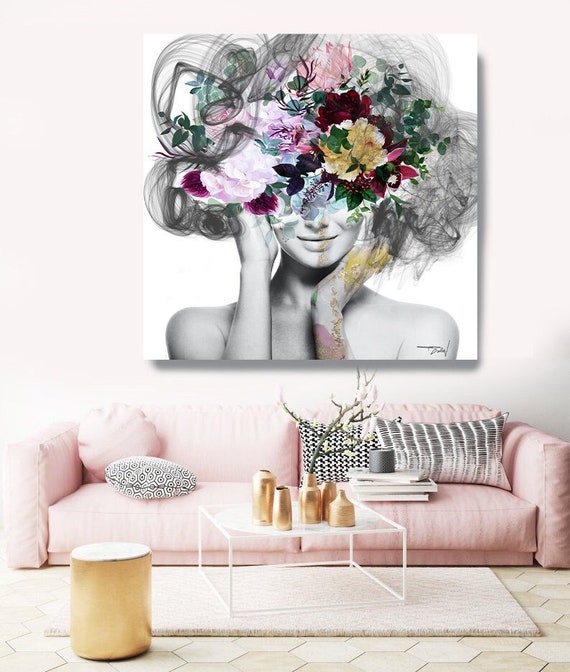 Woman Floral Portrait,  Pink Gold Flower head woman Canvas Print, Sexy wall art, Still life with Bliss, Floral Head Woman Print, Fashion Art