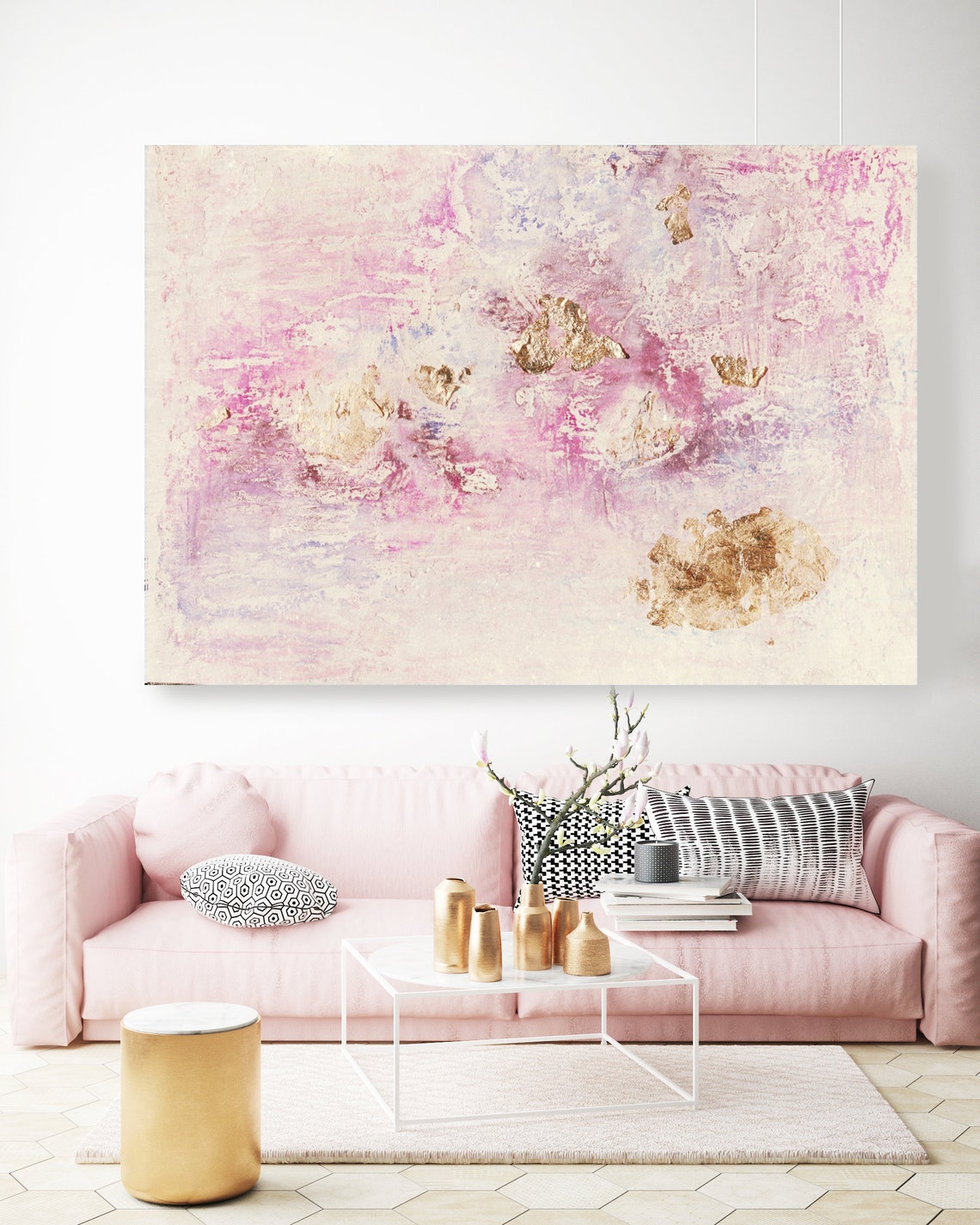 Charming Abstract Painting with Gold Leaf Detailing Pink Etsy