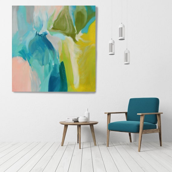 Large Colorful Abstract, Calm Spring Colors, Blue Green Painting, Abstract Art Canvas Print, Contemporary Art up to 50"