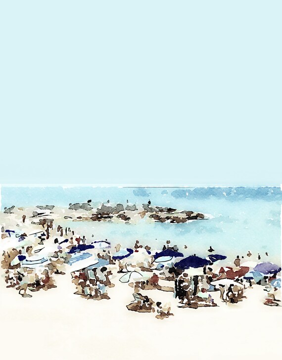 Coastal Sunny Days 27, Swimming Painting Canvas Print, Summer Blue Coastal Art, Beach Decor, Beach Umbrellas, Coast Painting Canvas Print