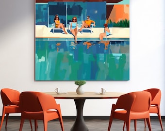 May include: A painting of a modern house with a swimming pool. Four people are sitting on the edge of the pool, enjoying the sun. The painting is in a minimalist style, with bright colors and simple lines.