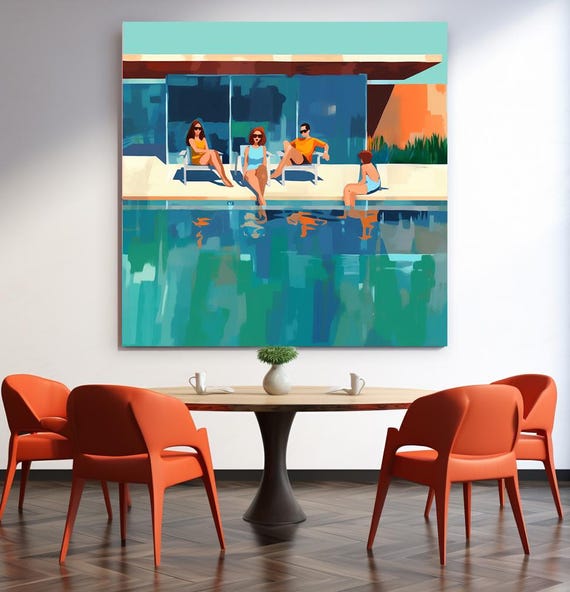 Poolside Paradise 54, Swimming, Summer, Water, Sunny, Pool Painting Expressive Canvas Print, Gift for her, Gift for Him, Pool Hotel Art