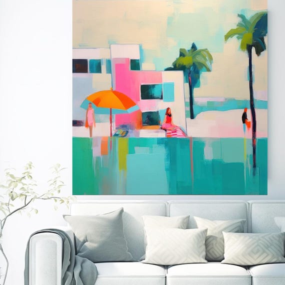 Summer Vibes Color Block Beach Poolside Reverie-17, Coastal Canvas Print, Midcentury Coastal At print on Canvas, Abstract Coastal Art