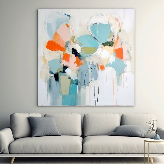 Abstract Floral Collection Blue Morning Bliss 7, Abstract Flower Painting Print On Canvas, Large Wall Art, Floral Painting Art Print Large