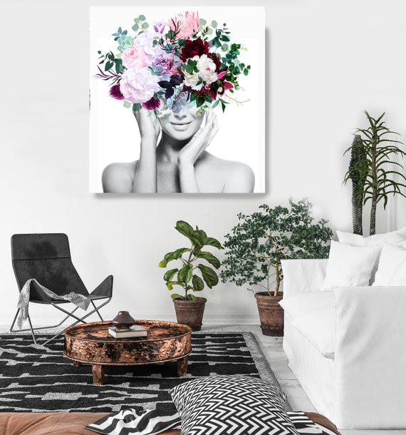 Woman Floral Portrait, Flower head woman Canvas Print, Sexy wall art, Still life with Bliss 1, Floral Head Woman Print, Woman Fashion Art