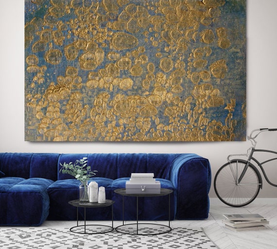 Gold Textured I. Abstract Paintings Art, Extra Large Abstract Blue Gold Contemporary Canvas Art Print up to 72" by Irena Orlov