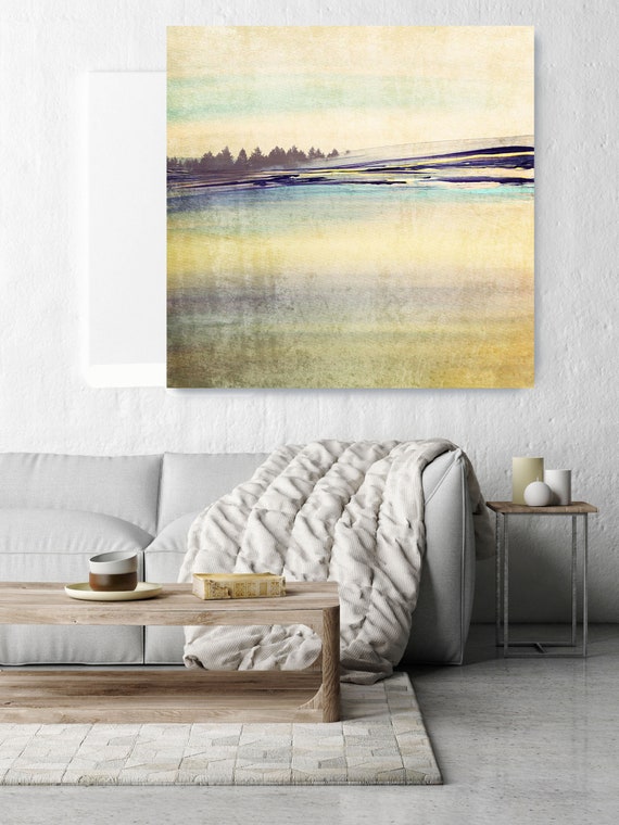 Horizon. Huge Rustic Landscape Painting Canvas Art Print, Extra Large Green Blue Yellow Canvas Art Print up to 50" by Irena Orlov