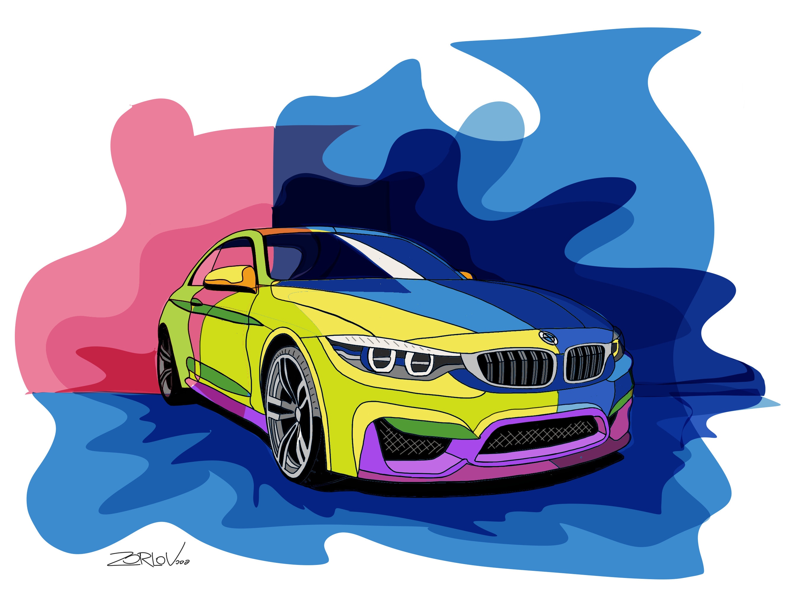 BMW BMW art print. Large Pink Blue Green BMW Painting Canvas Etsy