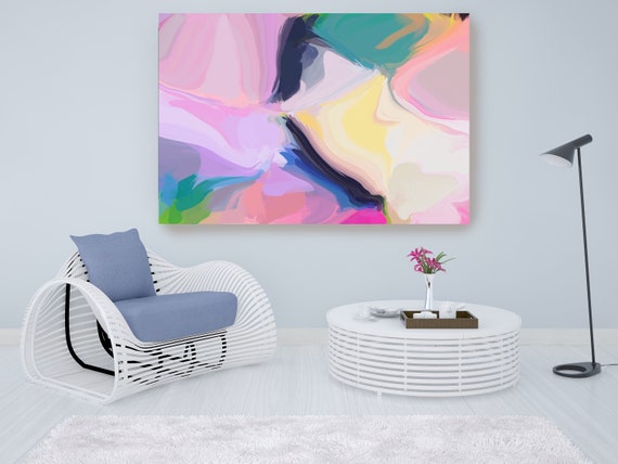 A Glorious Celebration, Pink Blue Yellow Abstract Painting, Abstract Painting, Contemporary Art, Hand Painted extra large canvas print