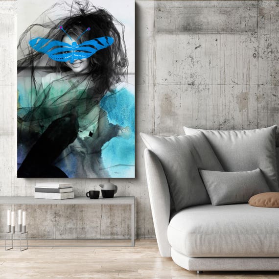 Blue Butterfly 2, Figurative Mixed Media Contemporary Blue Black Woman Canvas Art Print up to 72" by Irena Orlov