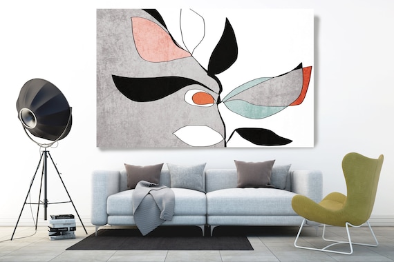 Abstract Bloom 2. Line Art Canvas Print, Blue Grey Pink Red Modern Minimalist Abstract Wall Art Canvas Print Textured Artwork