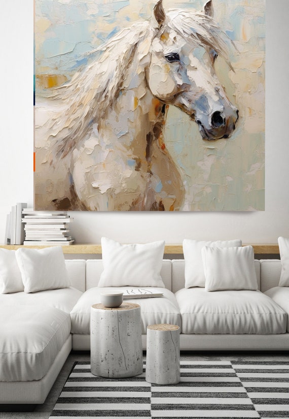 Blue Touch Contemporary Textured Horse Art Abstract Horse Paintings On Canvas Modern Equestrian Wall Art Canvas Print