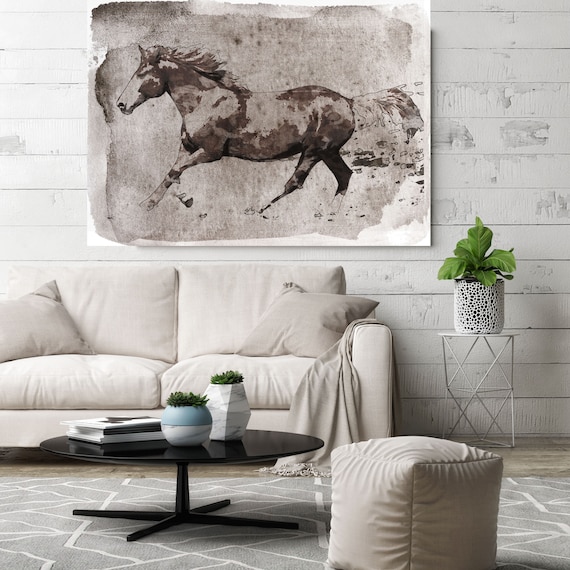 Brown Horse Running. Horse Art Large Canvas, Horse Art Brown Rustic Horse Rustic Vintage Horse Wall Art Print Watercolor Horse, Equine Art