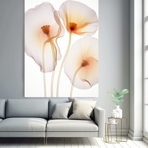 Floral Wall Art-Xray image. Floral Painting Modern, Translucent Yellow Poppy Flowers 4, Flowers Painting Canvas Print