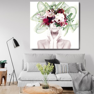 Woman Floral Portrait, Flower head woman Canvas Print, Floral Wall Art, Equivalent Exchange, Floral Head Woman Print, Woman Fashion Art