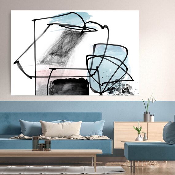 Blue Illusion 3, Minimalist Art, Pink Blue Gold Minimalist Art Painting Print on Canvas, Large Canvas Print, Minimal Canvas Print