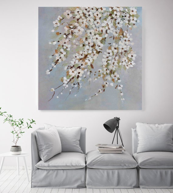 Branches of Cherry Blossoms. Shabby Chic Rustic Floral Painting, White Gray Rustic Large Floral Canvas Art Print, Vintage Floral