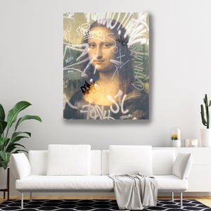 Mona Lisa Modern Altered Antique Portrait Painting. Portrait of Mona Lisa with Graffiti, Canvas Art Print, Female Portrait Graffiti