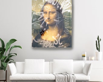Mona Lisa Modern Altered Antique Portrait Painting. Portrait of Mona Lisa with Graffiti, Canvas Art Print, Female Portrait Graffiti
