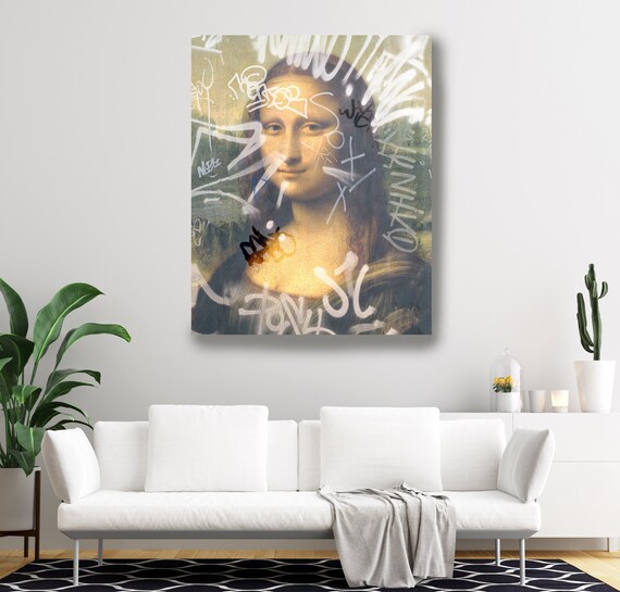 Mona Lisa Modern Altered Antique Portrait Painting. Portrait of Mona Lisa with Graffiti, Canvas Art Print, Female Portrait Graffiti