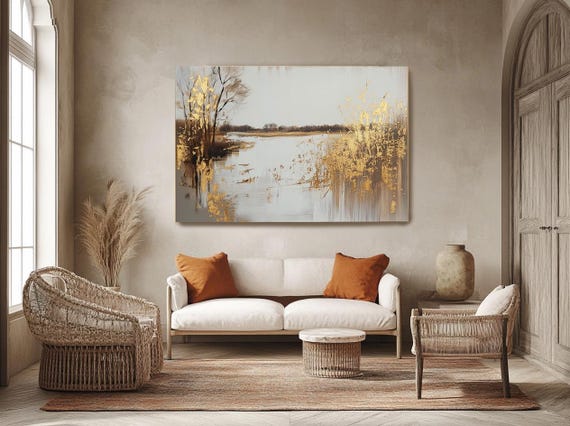 Sun-Kissed Earth-18/ Abstract Gold Coastal Canvas Print, Large Wall Art,Textured Lake Canvas Print Neutral Gold Wall Art Living Room Decor