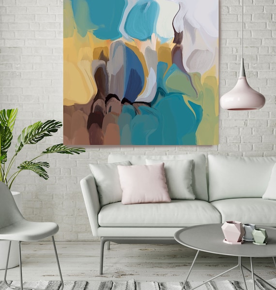 Golden Canyons 2, Blue Yellow Brown Blur Abstract Painting, Blue Yellow Brown Canvas Art Print up to 48" by Irena Orlov