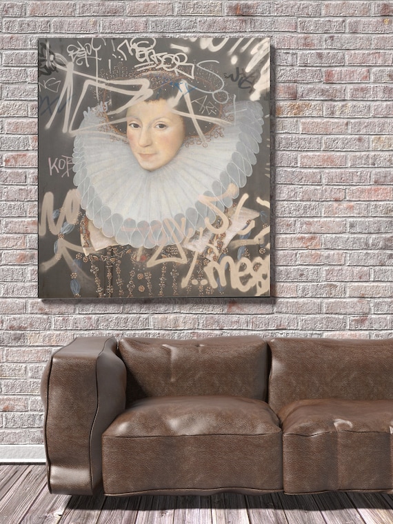 Modern Altered Antique Portrait of a Lady with Graffiti, Canvas Art Print, 16Th Century Female Portrait Graffiti, Renaissance Wall Art