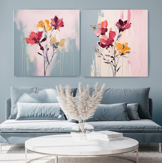 Bloom in Motion Diptych Canvas Art Prints by Irena Orlov - Dusty Blue Pink Yellow Floral Brushstrokes Wall Decor, Contemporary Artwork