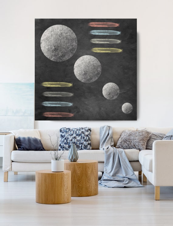 Moon Modern Art, Red Gray Black Moon Canvas Print, Black And Gray, Planet Wall Art, Space Art, Moon Phases Art, Moon Wall Art, Geometry