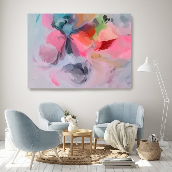 Art Abstract Painting, Gray Pink Gray Abstract Painting, Contemporary Art, Hand Painted, Extra Large Canvas Print, Abstract Colorful Flows