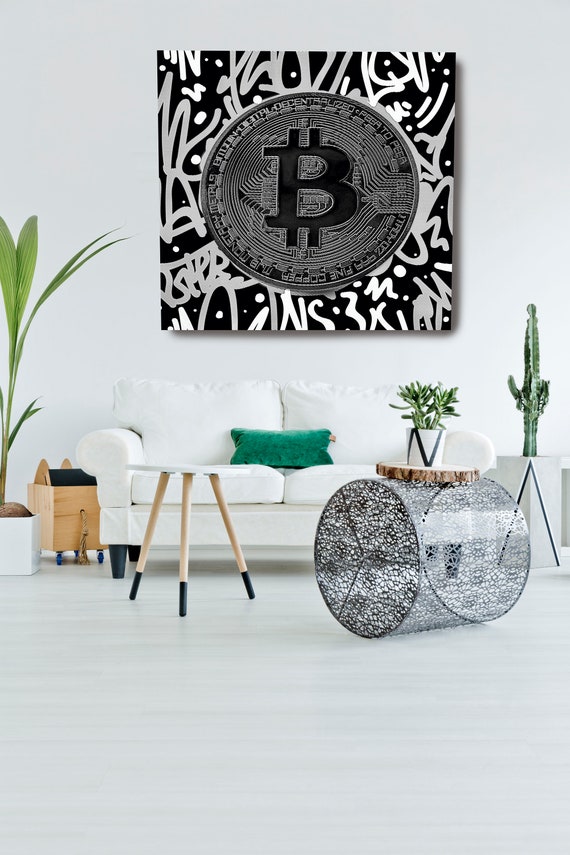 Black White Bitcoin Digital Currency Canvas Print, Cryptocurrencies Textured Art, Cryptocurrency Bitcoin Graffiti, Print on Canvas