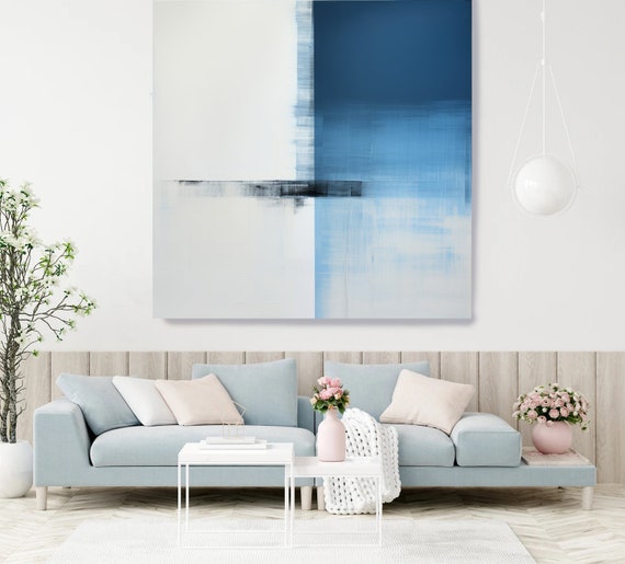 Blue Square 1, Contemporary Abstract Painting, Abstract Wall Art, Canvas Wall Art, Blue Minimalist Modern Painting Canvas Print, Hotel Art