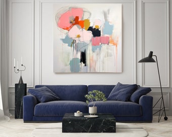 Rosa abstrakt blomkollektion 6, abstrakt dämpad blå blommålning på kanvas, stor väggkonst modern rosa blommålning konsttryck