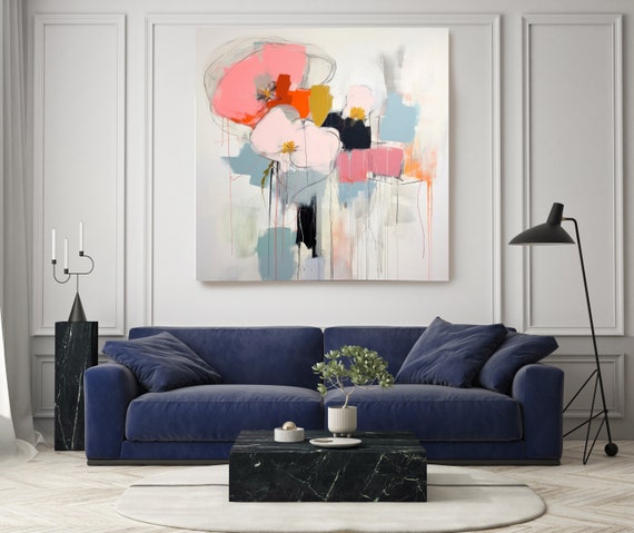 Pink Abstract Floral Collection 6, Abstract Muted Blue Flower Painting Print On Canvas, Large Wall Art Modern Pink Floral Painting Art Print