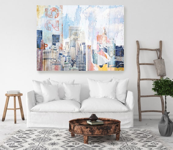 New York, Collage. Extra Large Industrial New York Cityscape Canvas Print, Urban Rustic Wall Art, Blue Red Multicolor Art by Irena Orlov