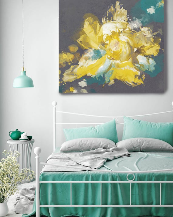 ORL-9986 Breathless 26. Extra Large Floral Fine Art Teal Yellow Canvas Print up to 48", Contemporary Floral Wall Decor by Irena Orlov