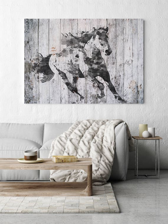 Running Black Horse 2. Extra Large Horse, Horse Wall Decor, Brown Rustic Horse, Large Contemporary Canvas Art Print up to 81" by Irena Orlov