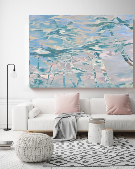 Blue Pink Palms Reflection, Jungle, Tropical Art, Pink Blue Palms Canvas Art Print, Coastal Art Beach, California Summer Palm Art