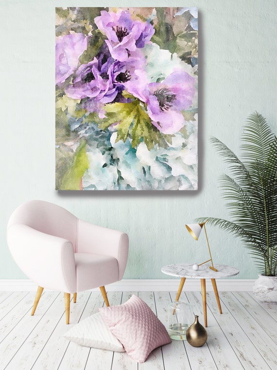 Morning Purple Flowers Floral Watercolor Painting Print watercolor painting watercolor floral, floral canvas print, shabby chic canvas print