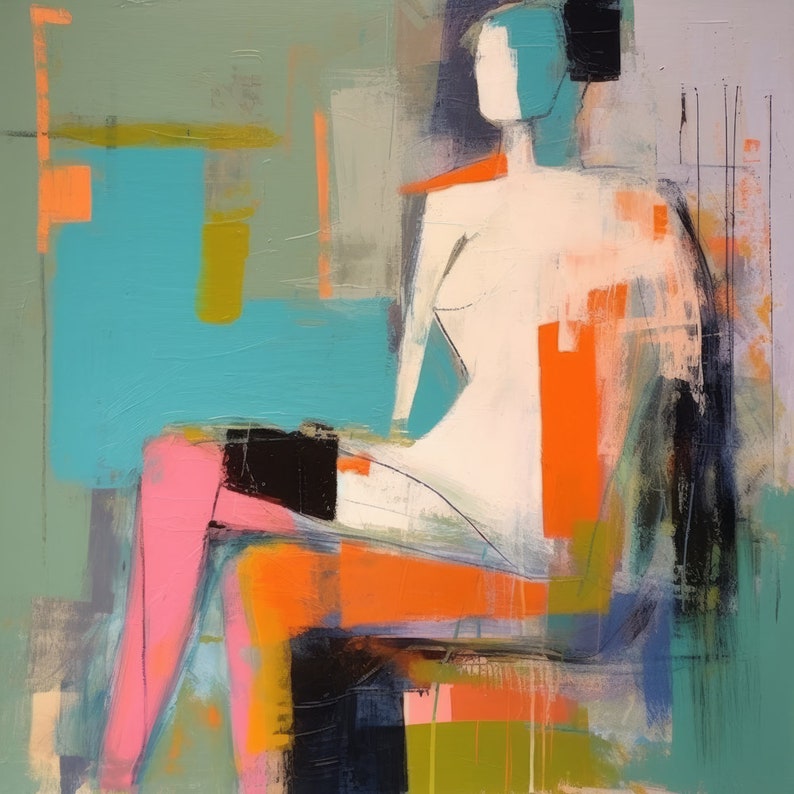 May include: Abstract painting of a figure in a chair with pink, orange, blue, green, and black colors.
