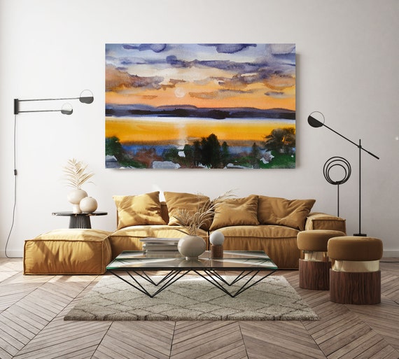 Abstract Watercolor Landscape painting, Seascape Painting, Scenic Canvas Print, Fields Of Gold 3, Maya Green, Nature Painting Print