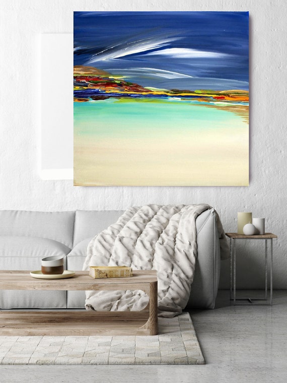 Paradise Island. Huge Rustic Landscape Painting Canvas Art Print Extra Large Blue Green Yellow Red Canvas Art Print up to 50" by Irena Orlov