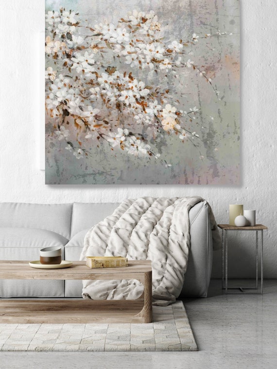 Branches of Cherry Blossoms at Spring. Shabby Chic Rustic Floral Painting, White Gray Rustic Large Floral Canvas Art Print, Vintage Floral