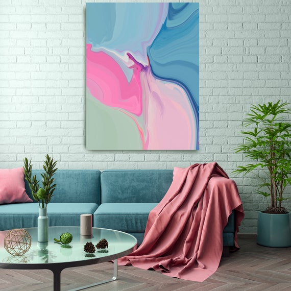 Bohemian Large Abstract Art, Pink Abstract Canvas Print Large Modern Abstract Wall Art, Abstract Painting, Colors on the blue side 2