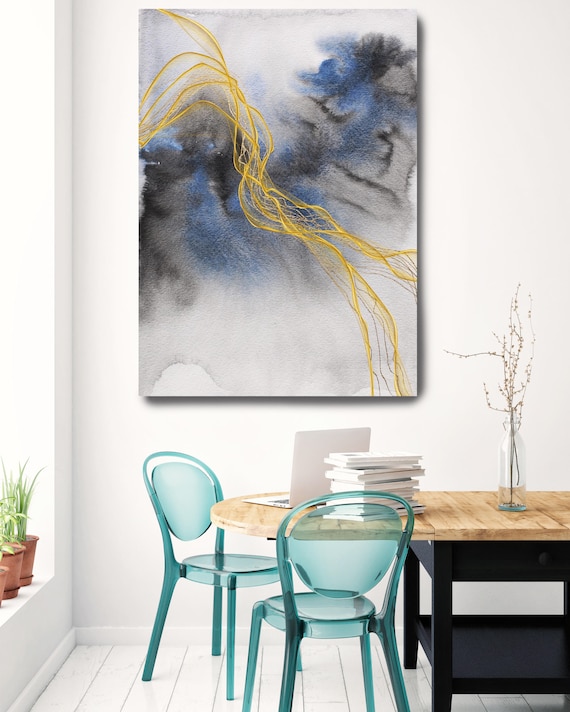 Blue Expression 1. Watercolor Abstract Blue Black Gold Canvas Art Print up to 72" by Irena Orlov