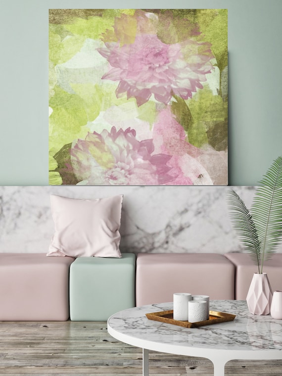 A feeling of motion. Rustic Blur Floral Painting, Green Pink Lavender Rustic Large Floral Canvas Art Print up to 48" by Irena Orlov