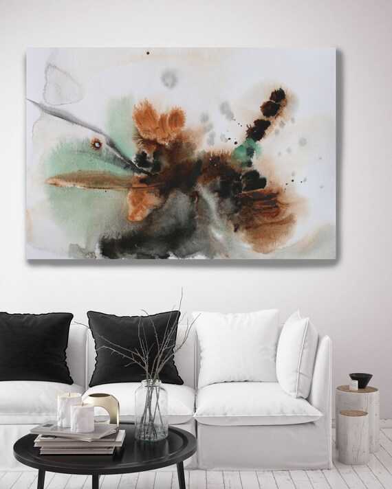 Watercolor Coastal Abstract 97. Contemporary Abstract Green Brown Orange Black Canvas Art Print up to 72" by Irena Orlov