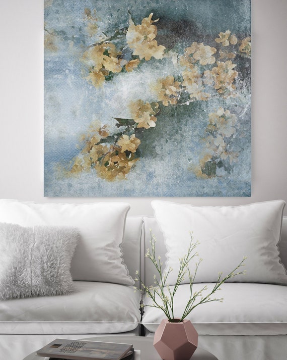 Spring Cascade. Blue Yellow Rustic Floral Painting, Rustic Large Floral Canvas Art Print, Vintage Floral Painting